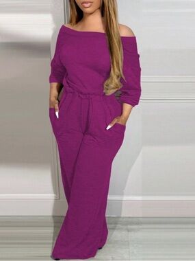 Off-Shoulder Wide-Leg Jumpsuit in Plum
